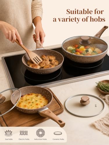 Innerwell Nonstick Ceramic Frying Pans Skillet Set with Lids - Gold, 8/9.5/11 inch