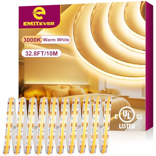 24V COB LED Strip Lights 32.8ft 4800 LEDs 3000K Dimmable Indoor Lighting