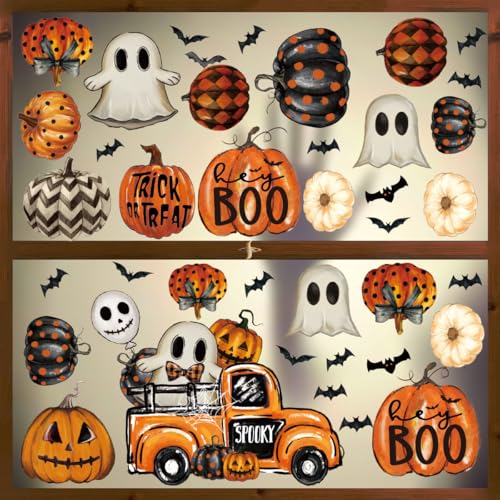 Horaldaily 40 PCS Halloween Window Cling Sticker, Jack-O-Lantern Pumpkin Truck Gnome Ghost Bats Cat Home Party Supplies Shop Window Glass Display Decoration