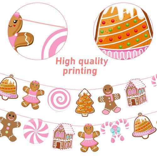 Gingerbread Christmas Decorations Pink Gingerbread Theme Banners 2PCS Christmas Candy Decor Gingerbread House Holiday Cuout Banners for Girls Xmas Birthday Baby Shower Supplies