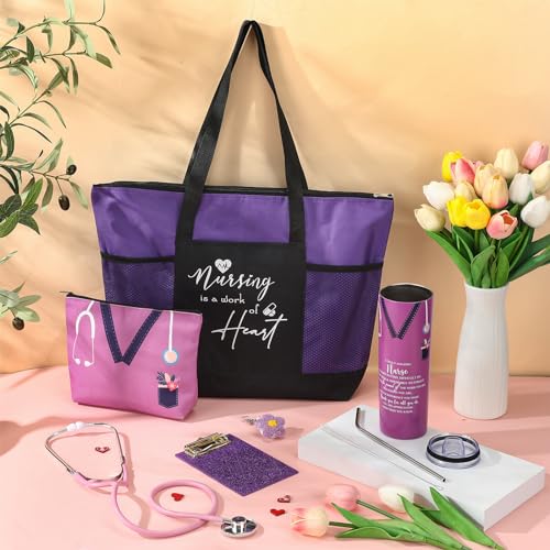 Willinglong Nurse Appreciation Gift Set - Purple, 5 Pcs with Tote, Tumbler, Canvas Bag & Badge Reel
