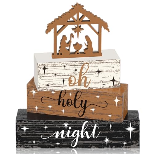 Geelin 4 Pcs Christmas Nativity Wooden Signs - Oh Holy Night, Jesus Theme Decor Set