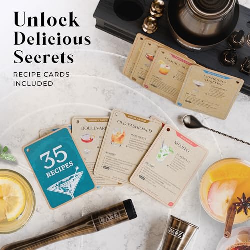 Bare Barrel Brass/Black 28oz Boston Cocktail Shaker Set | Mixology Bartender Kit with 35 Recipe Cards
