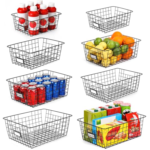 Large 8-Piece Wire Basket Set with Labels - Multi-Size Metal Storage Bins