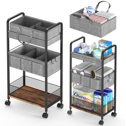 LIDTOP 2-in-1 Baby Diaper Caddy & 3-Tier Rolling Organizer Cart - Black