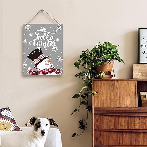 FUGWN Hello Winter Snowman Snowflake Christmas Hanging Wooden Signs 8x10, Winter Decorations for Home, Xmas Wall Decor