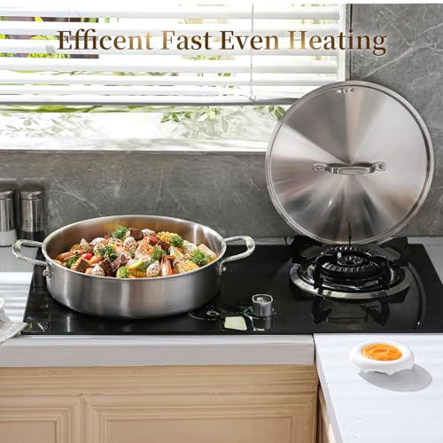 DELARLO 8 Quart Tri-Ply Stainless Steel Braiser Pan with Lid - Durable & Even Heating