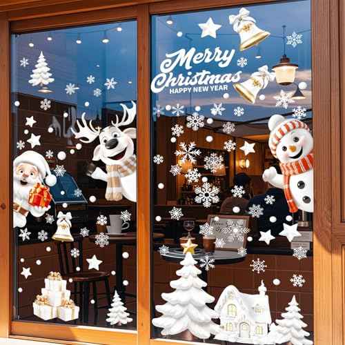 162 Pcs Christmas Window Clings - 9 Sheets White Snowman Reindeer Christmas Window Stickers, Reusable Double-Sided Printed for Home, Mall Glass, Cafe Xmas Decor