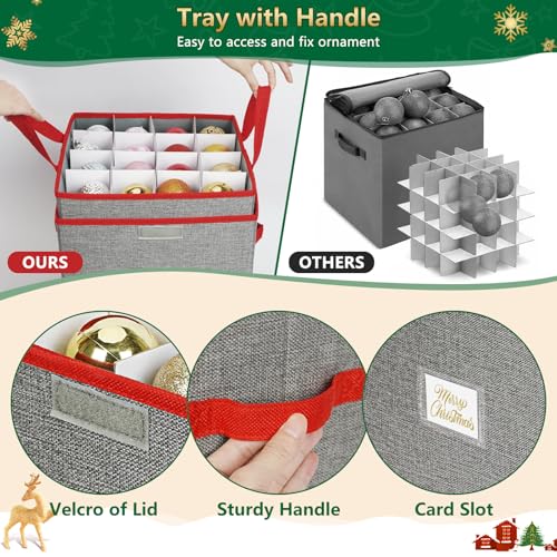 UHAPEER Christmas Ornament Storage Box Grey+Red Holds Up to 64 Balls