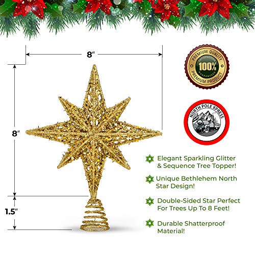 Bethlehem Glitter Gold Star Tree Topper 8 Inch for 3–6 ft Christmas Trees