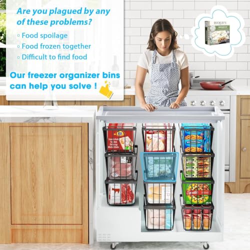 SUNALLY Black Stackable Freezer Organizer Bins - 8 Pack, Space-Saving Storage