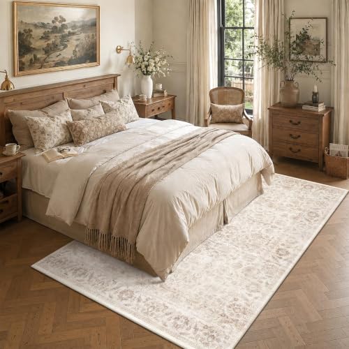 Beige 6x9 Non-Slip Vintage Bedroom Area Rug - Washable & Stain-Resistant