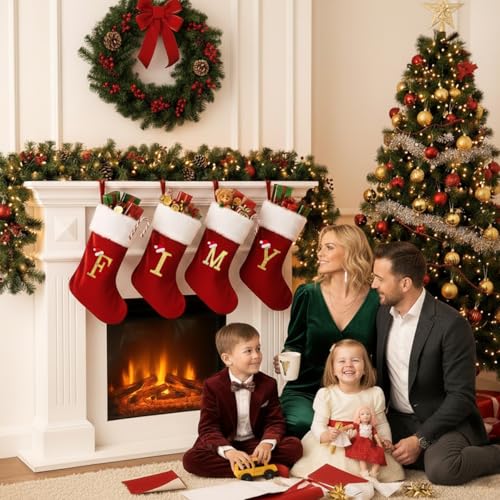 Christmas Stockings with Initials - 20 Inch Velvet Monogram Xmas Stocking, Red / Letter R