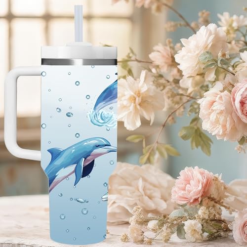 AMZUShome Dolphin 40oz Tumbler with Handle - Dolphin Lover Gift for Women & Men