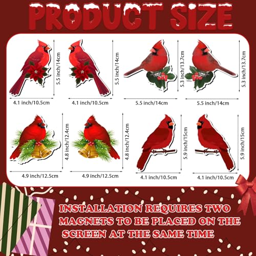 Photect 8 Pcs Cardinal Bird Screen Door Magnets - Christmas Variation