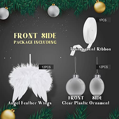 Sratte 12 Sets Christmas Memorial Ornament Feather Ball 80 mm - Clear Plastic Ornaments with White Ribbon