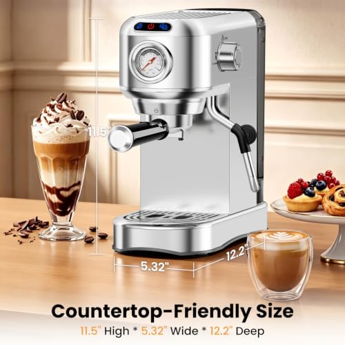 AERCANA Silver 20 Bar Espresso Machine with Milk Frother - Compact Coffee Maker