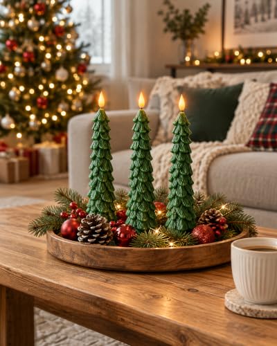 Homemory Flameless Christmas Taper Candles with 3D Flickering Flame, 9.6 Inch, Battery Operated with Timer, Pack of 3