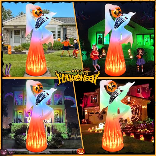 10 Ft Halloween Ghost Inflatable with Pumpkin and LED Lights - Outdoor Yard Decor