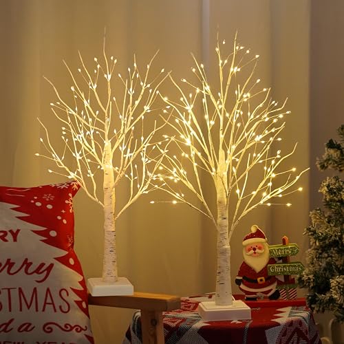 Artificial Birch Tree Lamp 2 Pack with Timer - Warm White LED Light, DIY Branches, 24 Inch