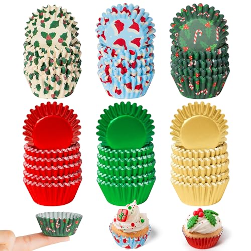 COcnny Christmas Mini Cupcake Liners with Mini Santa Hat Design - 600pcs Holiday Baking Cups, Muffin Wrappers for Xmas Party