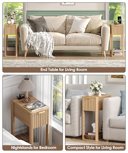 Narrow Nightstand Set 2 with Charging Station - Natural Oak, 15.7D x 9.4W x 23.6H