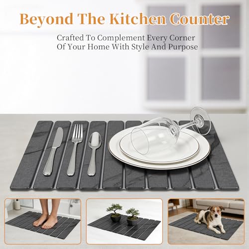 Gray Marble Stone Dish Drying Mat with Rack - Diatomaceous Earth Kitchen Accessories