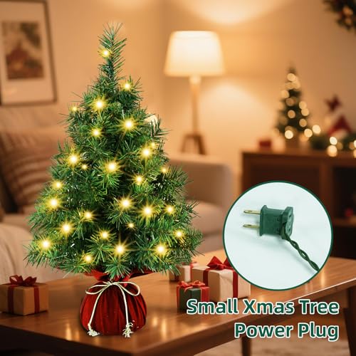 22 Inch Pre-Lit Artificial Christmas Tree with Warm White LEDs, Lush Branches & Red Velvet Base