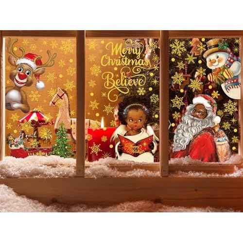 4 Sheet Christmas Window Decals Black Santa Window Clings Claus Girl Xmas Static Window Stickers Decor for Home School Party Supplies, 10 x 13.8 Inch