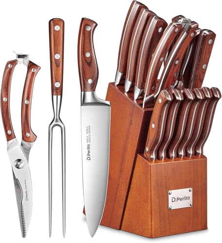 Brown 16-Piece Kitchen Knife Set with Wood Block - Sharp Stainless Steel Blades