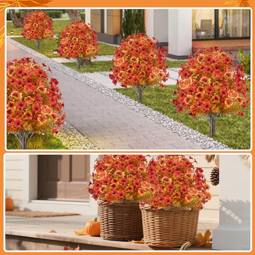 Artificial Fall Mums Topiary Tree Set - 25 Inch Outdoor Faux Greenery with Spike - UV Resistant Garden Decor - Variation of This Listing
