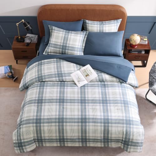 Blue Grey Full Size Plaid Comforter Set 7 Pieces Farmhouse Bed in a Bag