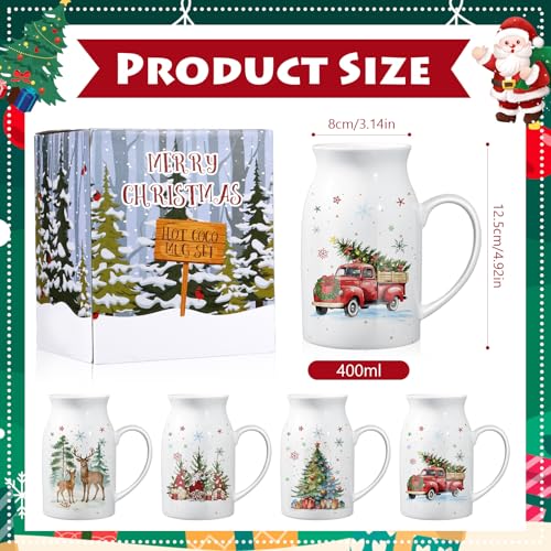 Hushee Watercolor Christmas Mug Set of 4 with Gift Box, 13.5 oz Holiday Tea Cups