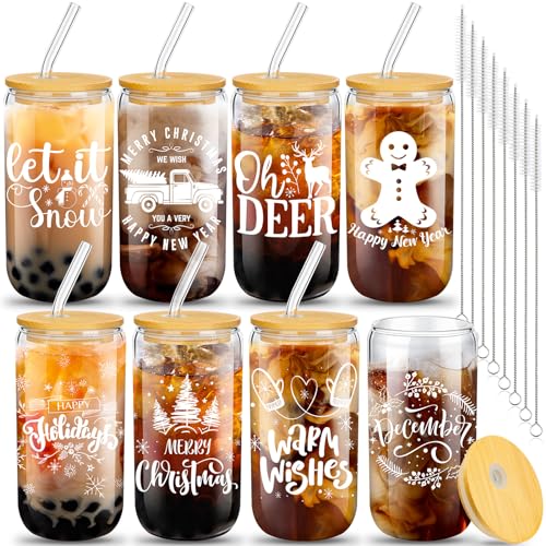 Umigy 8-Pack 16oz Christmas Glass Cups with Lids and Straws
