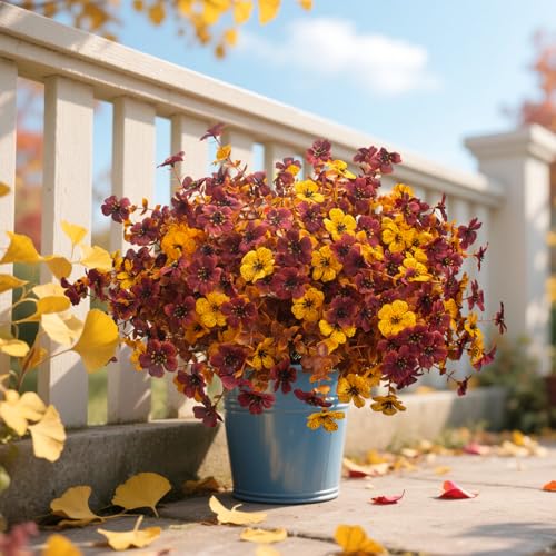 Fall Artificial Mum Flowers with Eucalyptus - 16 Bundles Autumn Faux Decor, UV Resistant for Front Door Porch & Patio - Orange, Yellow & Red