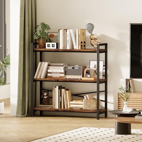 Homeiju 3-Tier Vintage Bookshelf - 31.5" Wide Wooden & Metal Storage Rack
