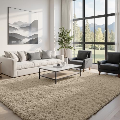 8x10 Fluffy Shag Area Rug - Soft Gray Camel Living Room Carpet - Variation of Gray Camel / 8' x 10'
