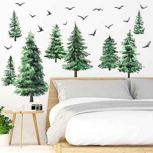 Qilery Watercolor Pine Tree Wall Decals Large Peel and Stick Forest Wall Decal Woodland Branch Birds Sticker Christmas Tree Stickers for Nursery Bedroom Living Room(Classic Style)