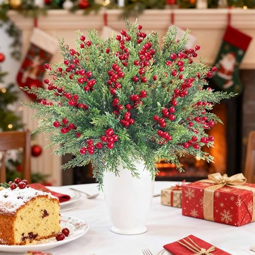 4 Bundles Christmas Artificial Flowers with Red Berries & Norfolk Pine Branches, 36cm each - Perfect for Garlands and Table Décor (4 Bundles)