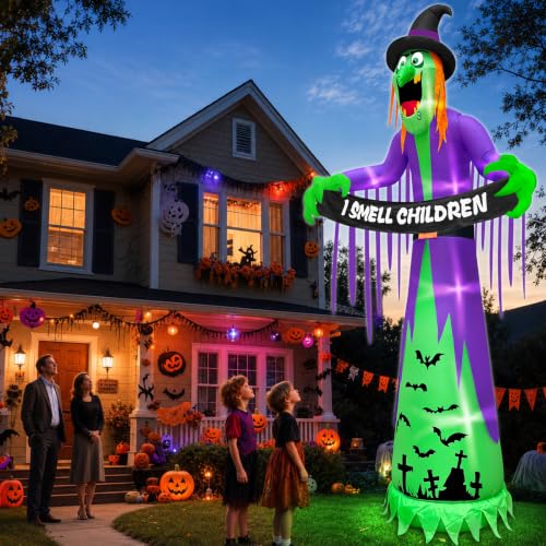 12FT Giant Halloween Inflatable Witch with LED Lights and Banner for Outdoor Decor