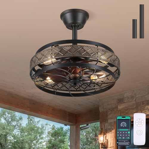 SHIHOT 18-Inch Retro Black Industrial Cage Ceiling Fan with Lights & Remote - Reversible, Quiet Operation