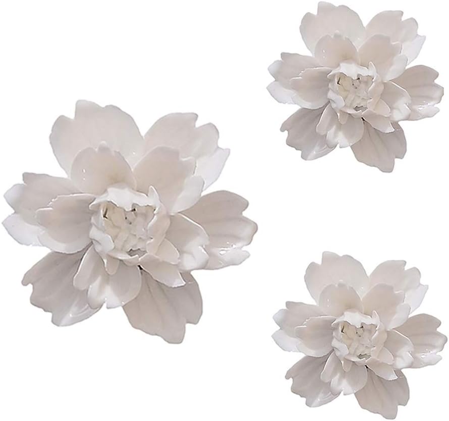 3 PCS/Set Peony Ceramic Magnolia Flower Wall Decor 3D Flower Art for Living Room Home Hallway Bedroom Kitchen Farmhouse Bathroom Dining Room, Grey(4.72 in*1, 3.54 in*2)