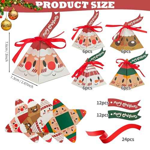24PCS Candy Boxes, 4 Styles Treat Gift Boxes with Ribbon - Xmas Paper Boxes for Party Supplies