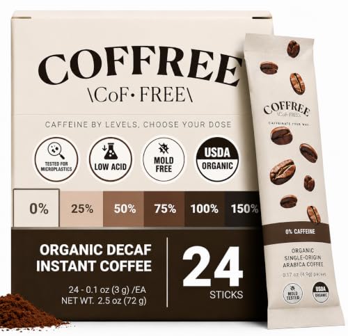 COFFREE Decaf Instant Coffee Packets 24 Count - 0% Caffeine, Light Roast, Arabica, Single Serve Sticks for Travel & Camping
