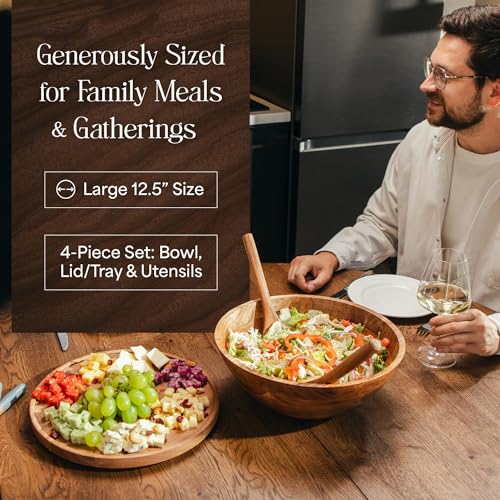 Natural 12.5 Inch Wooden Salad Bowl Set with Utensils, Lid, and Carry Strap