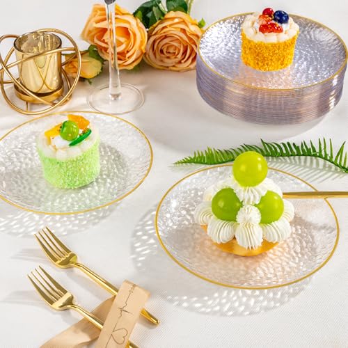 Clear Gold Hammered Plastic Dessert Plates & Forks Set - 240 Pcs Party Tableware