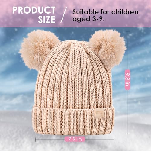 Tontuland Kids Winter Beanie Hat Beig e Pom Pom Fleece Lined Knit Cap for Boys & Girls