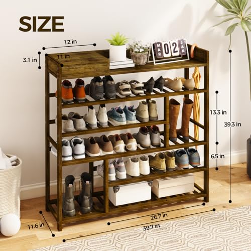 Dark Brown Bamboo Shoe Rack for Front Door Entrance - Large Capacity Organizer