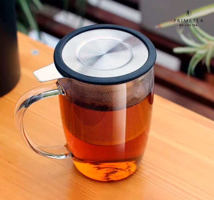 Prime Tea - Glass Teacup with Tea Infuser, 16oz / 470 ml, Hand Blown, Single Wall, Heat Resistance Borosilicate Glass Teamaker Cup for Blooming & Loose Leaf Tea, Microwave & Dishwasher Safe (Black)