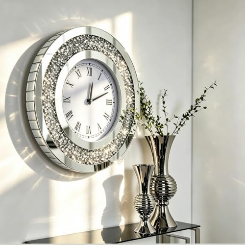 Silver Mirror Wall Clock 20x20in with Sparkle Crushed Diamond Design – Modern Home Decor